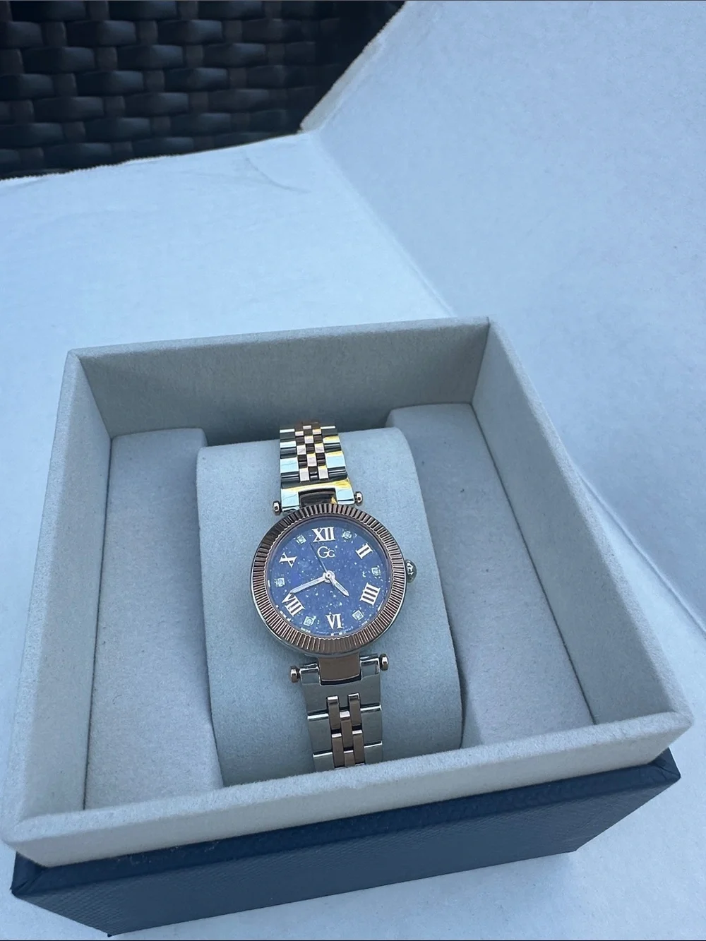 New Guess Collection Two-Tone Rose Gold and Silver Watch with Blue Dial